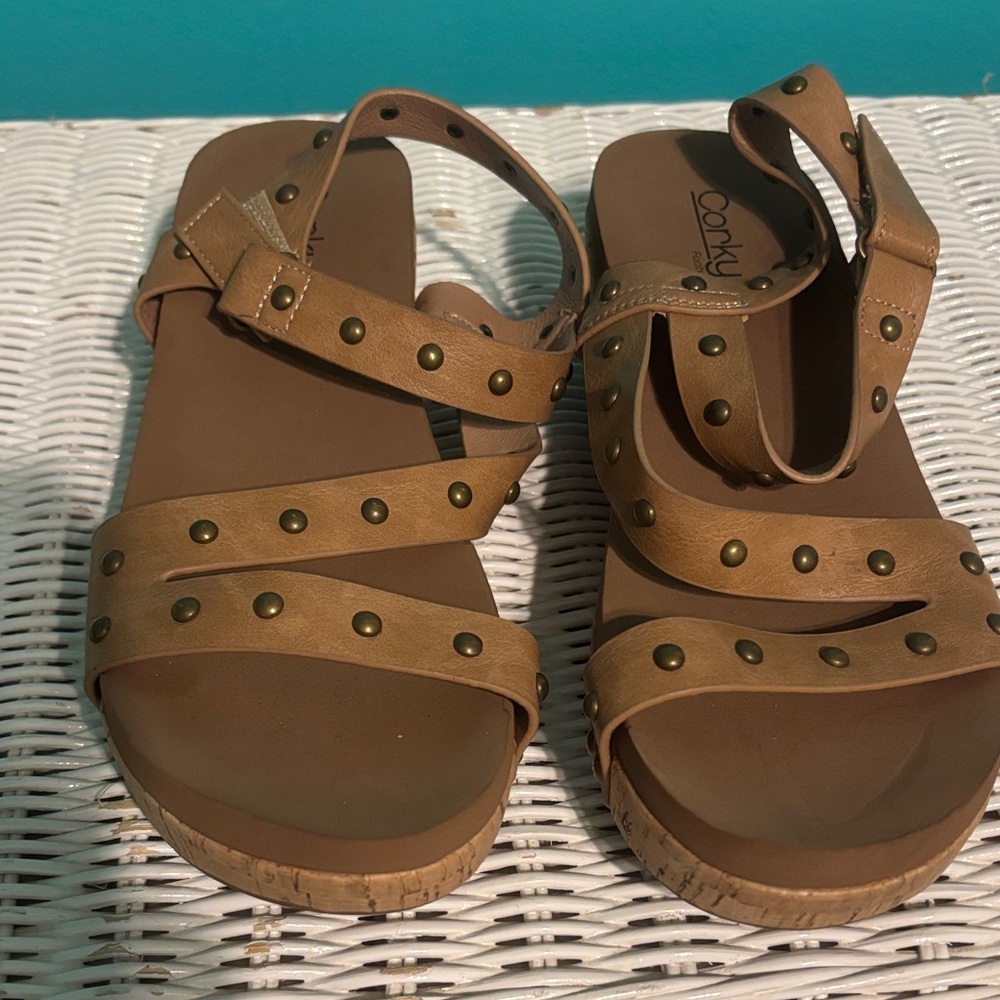 Corkys Tan Studded Cork Wedge Sandals - Women's - Picture 4 of 8